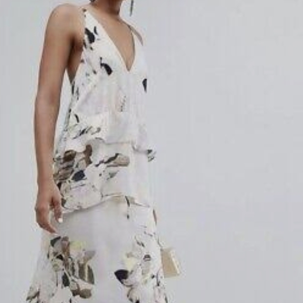 ASOS Soft Gray Floral Backless Dress w/ Layered Ruffles Size 14